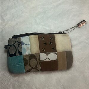 Coach Patchwork Zip Coin Pouch in Brown, Teal and Cream